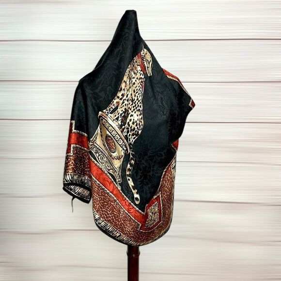 Ellen Tracy Linda Allard Silk Jacquard Cheetah Scarf Black Red Beige Vintage - Picture 2 of 12